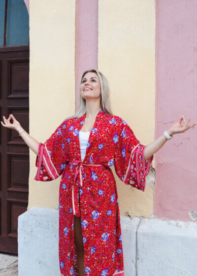 Červené dlhé boho kimono