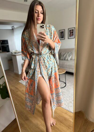 Kimono Eliana s opaskom v broskyňových a svetlomodrých odtieňoch